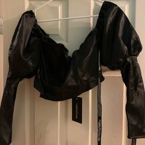 Black Satin Bardot Puff Sleeve Crop Top